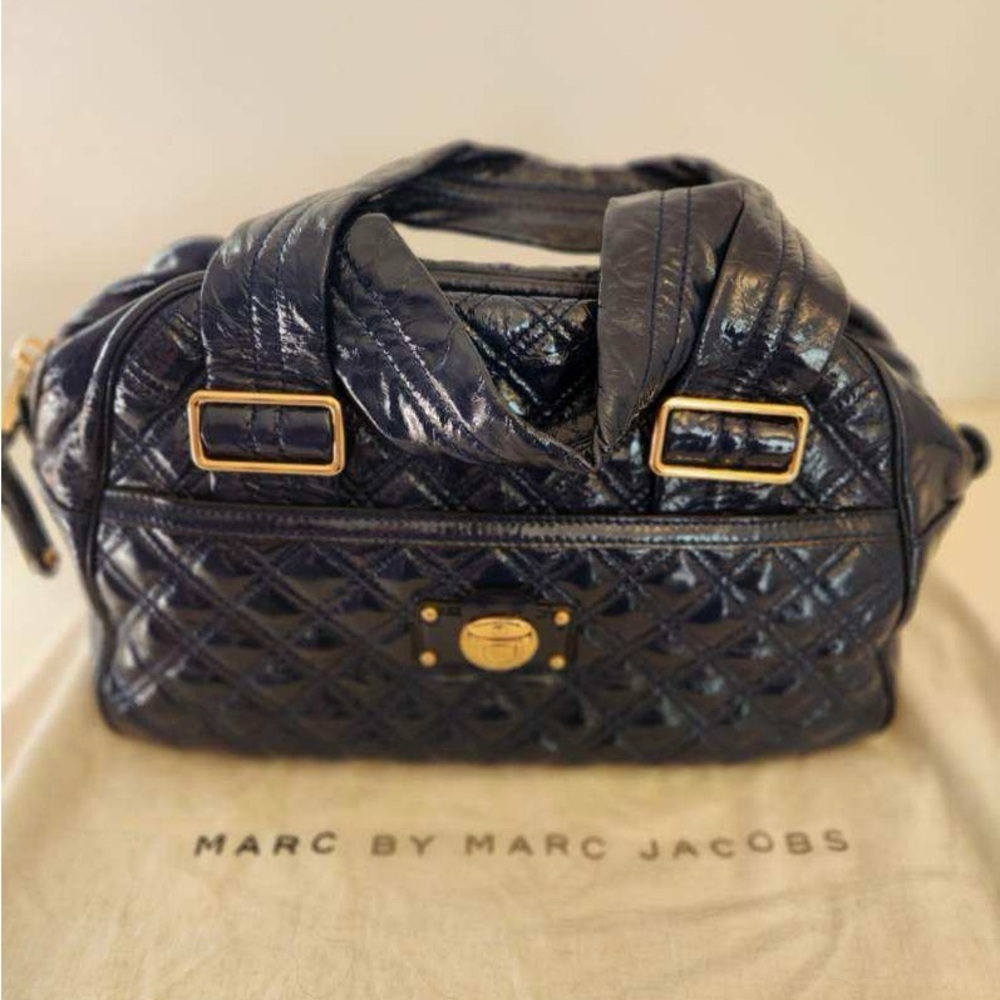 Marc Jacobs Ursula Quilted Large Bowler Bag - Navy Blue patent leather